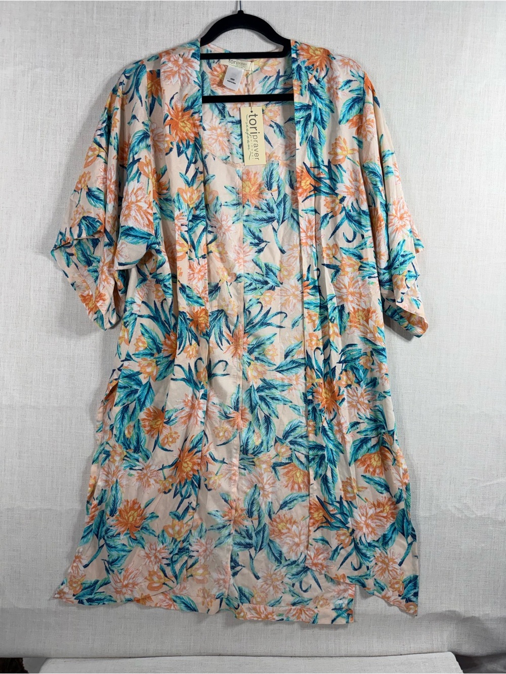 Tori Praver Peach & Teal Floral Long Sleeve Kimono Dress